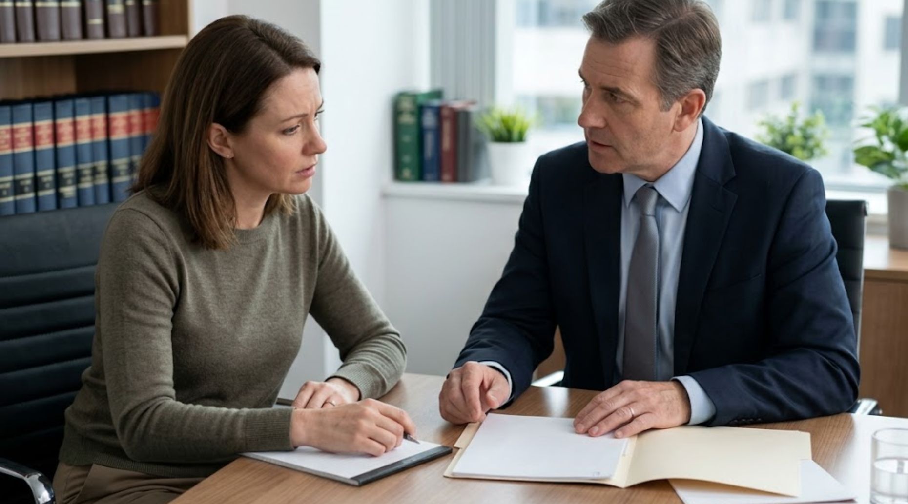 Woman consulting with a lawyer in an office setting, discussing car accident claim details and legal advice.