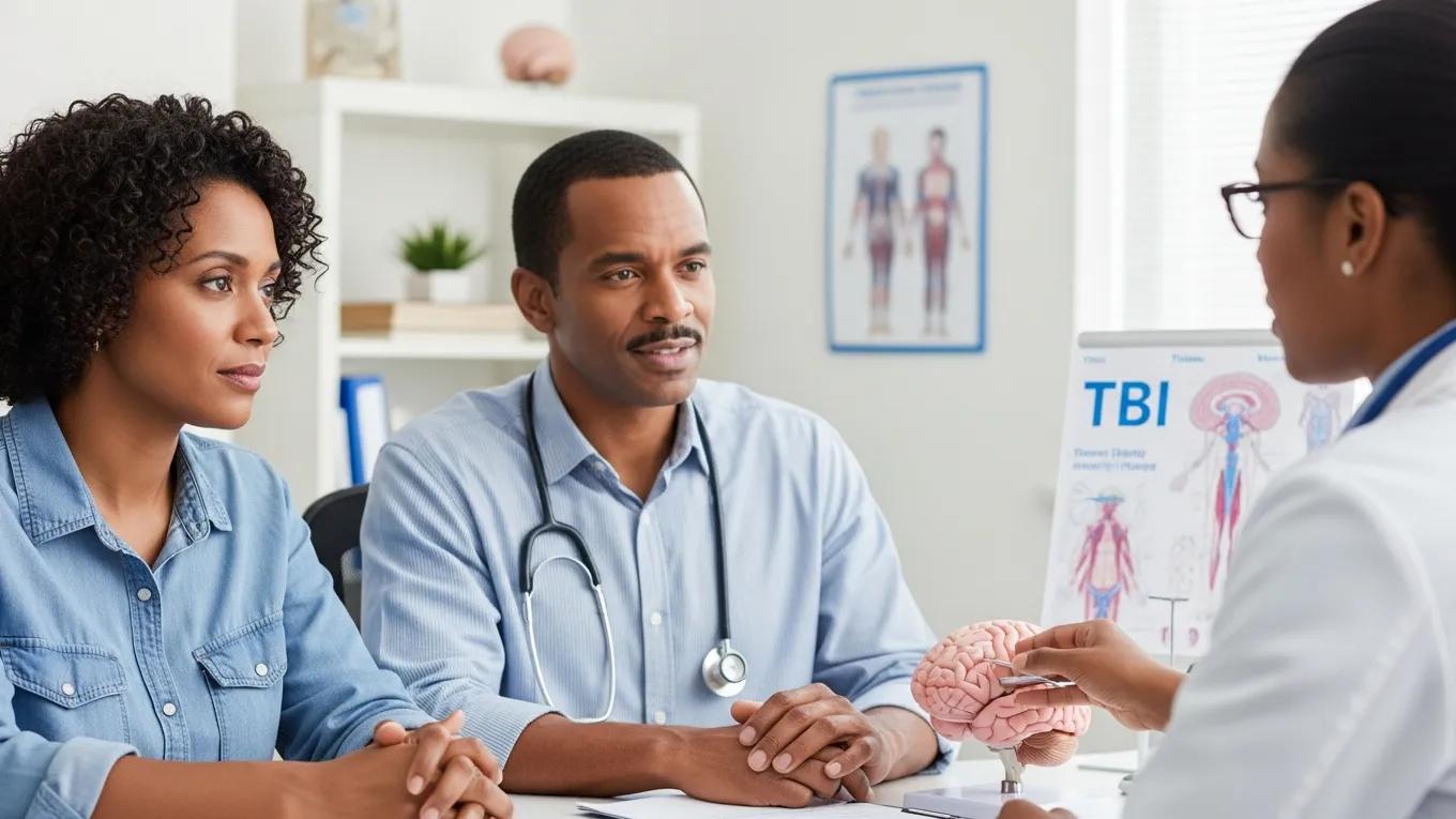 Family member consulting with a doctor about traumatic brain injury, highlighting the importance of understanding TBI despite normal scans