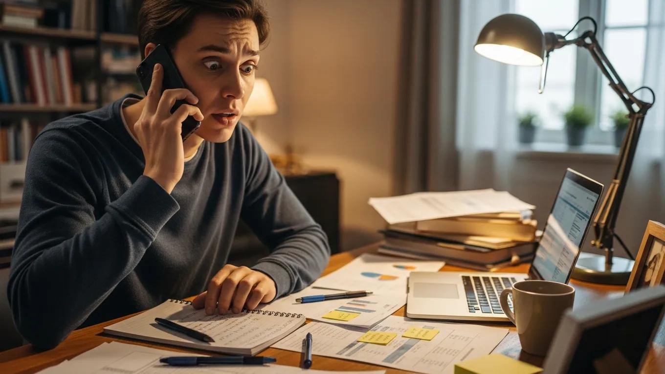 Person on phone call about insurance adjuster, conveying urgency and concern