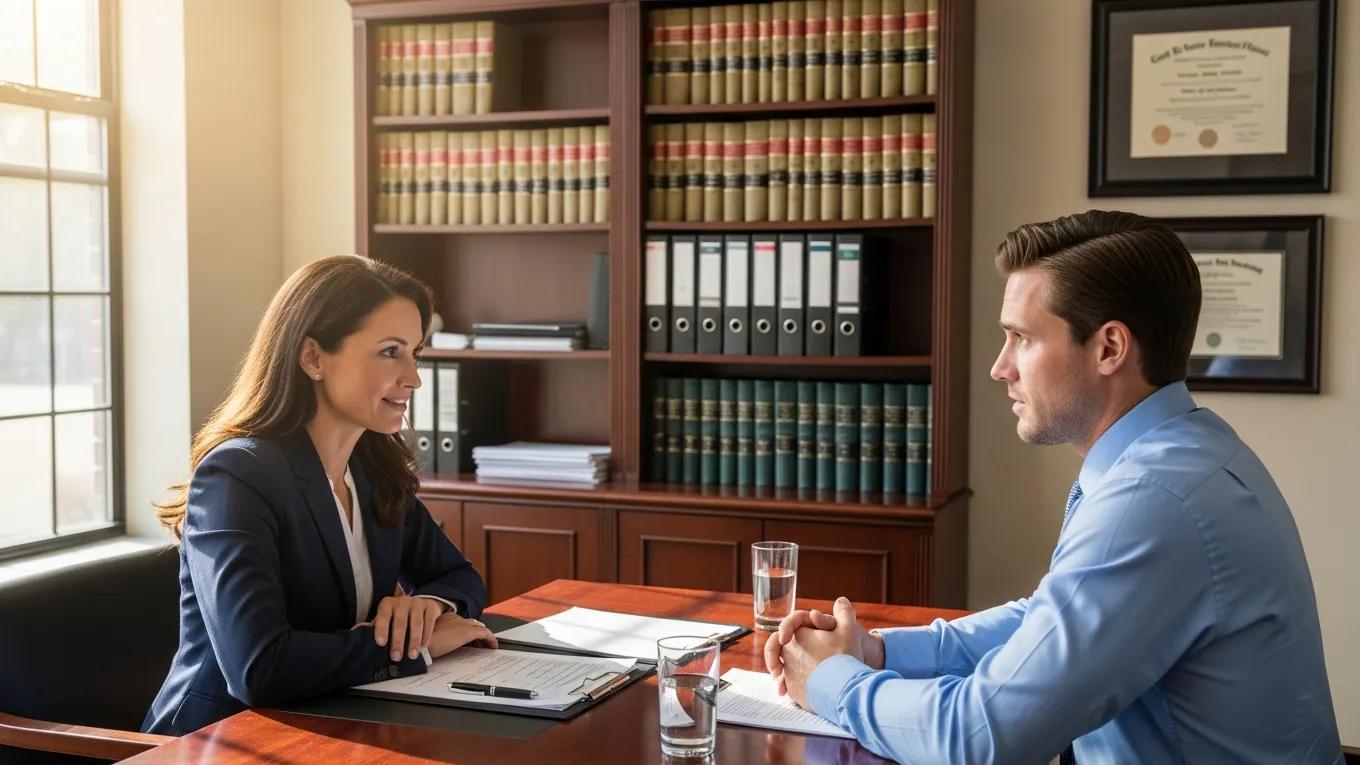 Personal injury attorney consulting with a client about insurance adjuster tactics