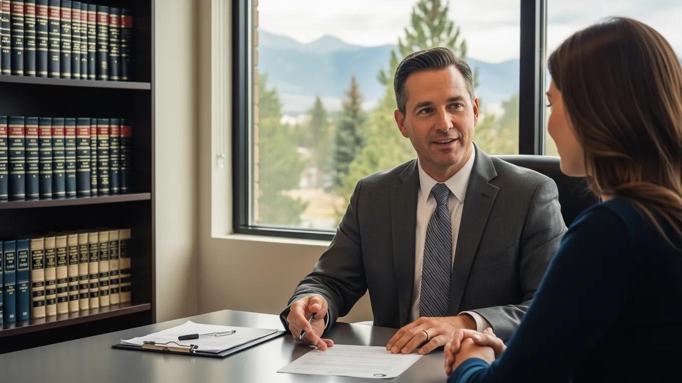 Personal injury attorney consulting with a client in a modern Colorado office