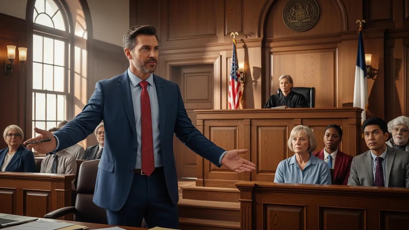 Car accident attorney confidently presenting a case in court, showcasing trial experience and legal expertise