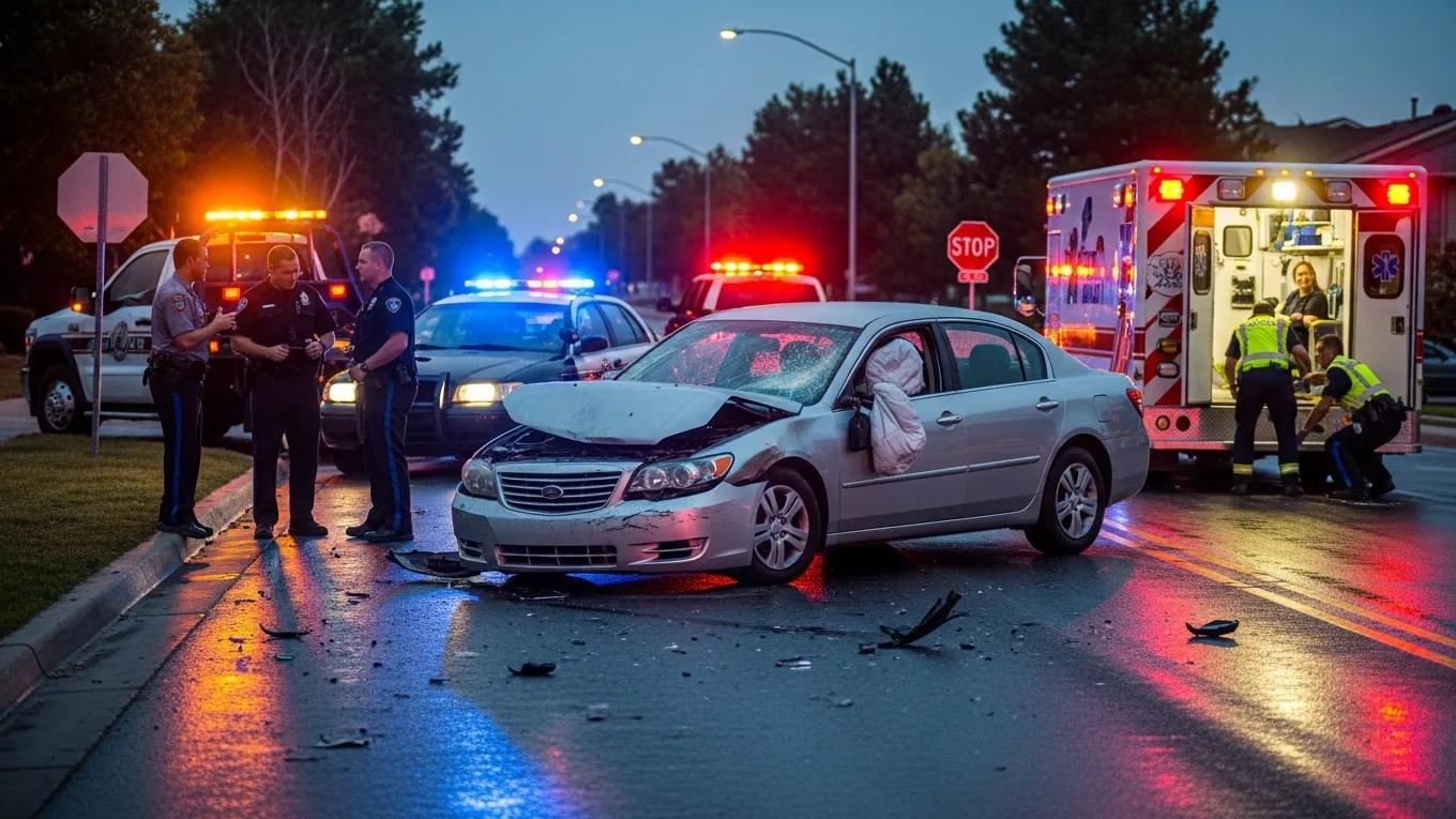 Driver documenting crash scene with smartphone to collect evidence for a legal claim
