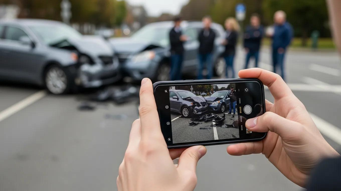 Individual documenting a car accident scene with a smartphone, showcasing critical information collection for insurance claims