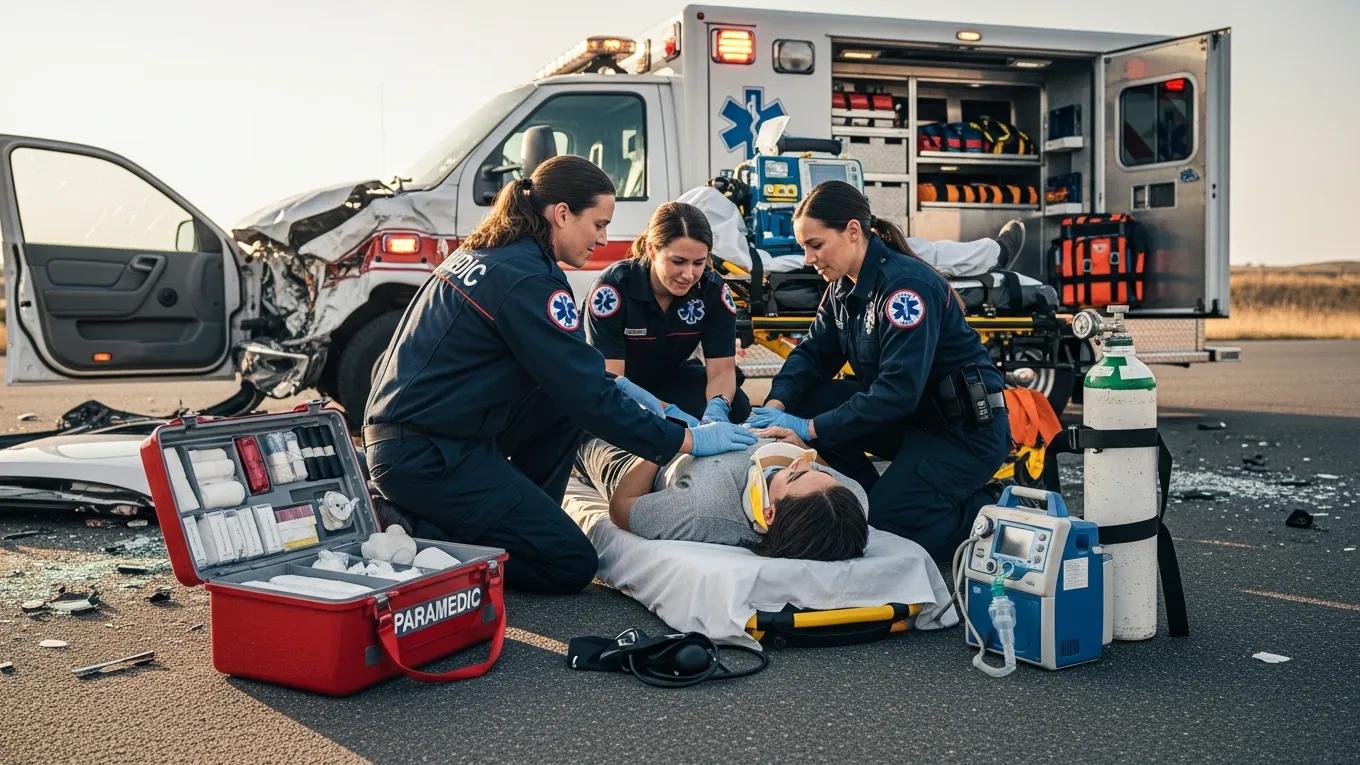 Paramedics providing medical attention at a car accident scene, emphasizing safety and urgent care for accident victims