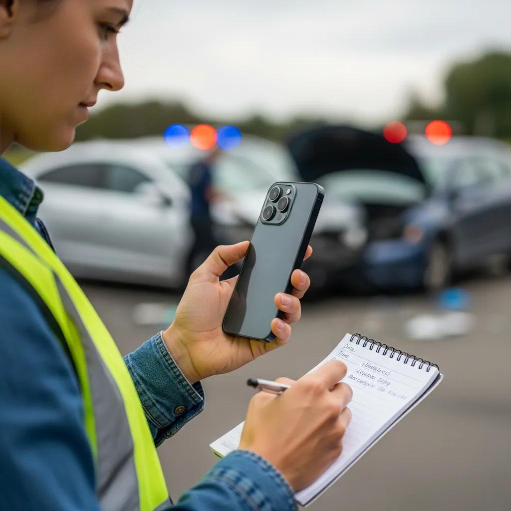 Person documenting an auto accident scene with notes and smartphone