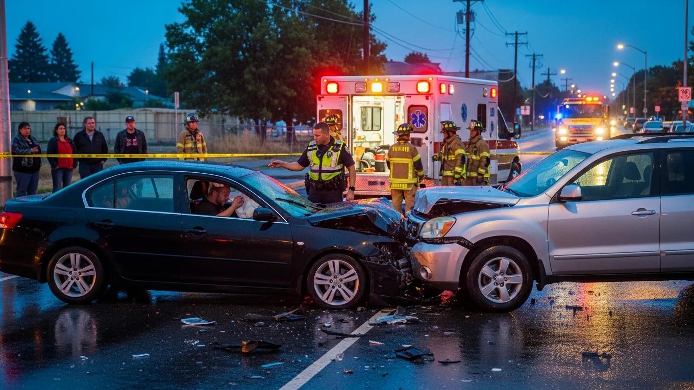 Scene depicting a car accident with emergency responders and vehicles in Northglenn, illustrating crucial steps for accident victims