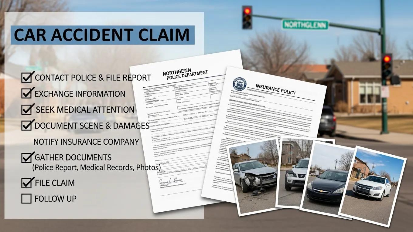 Visual checklist of key steps for filing a car accident claim with local context in Northglenn